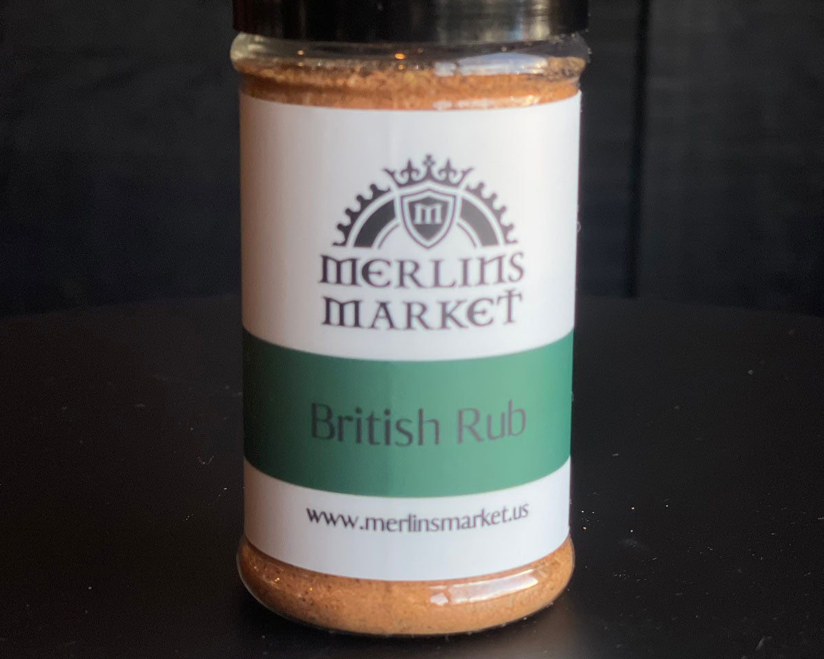 A jar of British rub—a spice mix made popular at Merlins Rest Pub