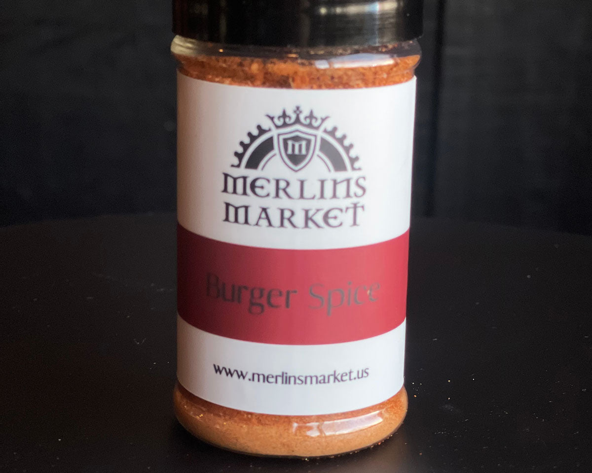 A jar of burger spice—a spice mix made popular at Merlins Rest Pub